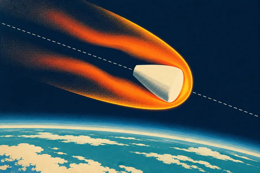 A retro poster of a small blunt capsule diving above Earth's curved horizon, with a glowing bow shock standing just ahead of its rounded face and hot gas streaming around it into a wide wake