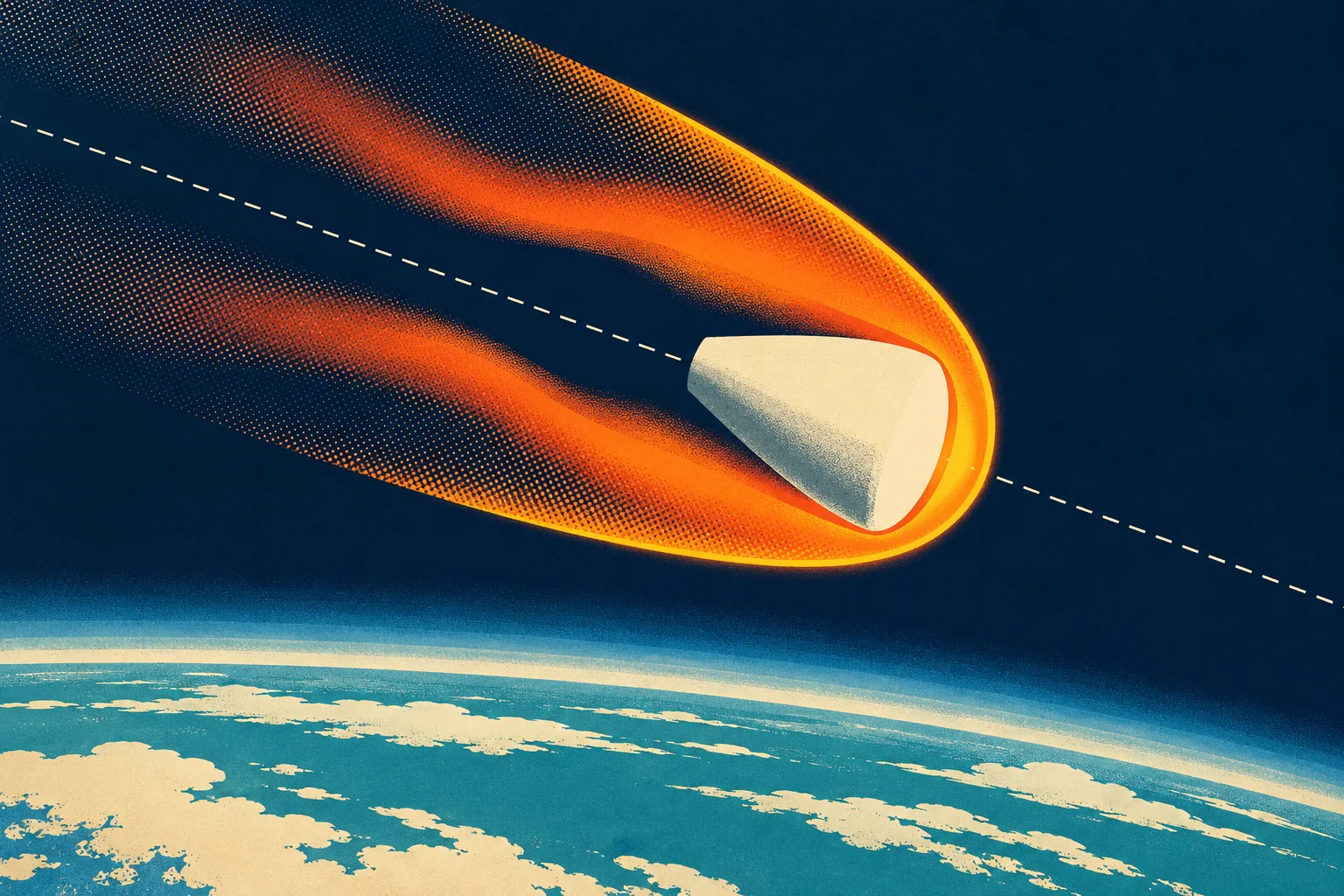 A retro poster of a small blunt capsule diving above Earth's curved horizon, with a glowing bow shock standing just ahead of its rounded face and hot gas streaming around it into a wide wake