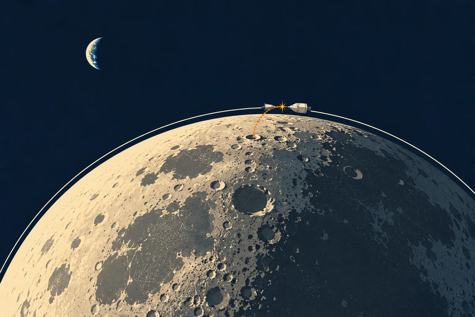 A retro poster of the Moon with a low orbit line, where a small craft climbing from the surface meets its mother ship