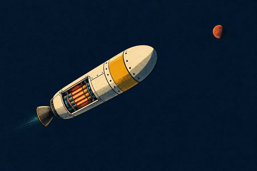 A retro poster of a chunky cream rocket with glowing reactor rods in a cutaway window and a faint teal exhaust, heading for a tiny distant Mars