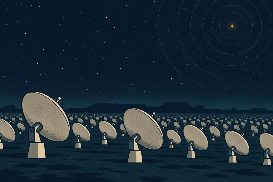 A retro poster of a night-time desert covered in rows of identical radio dishes, all tilted toward one faint star ringed by ripples