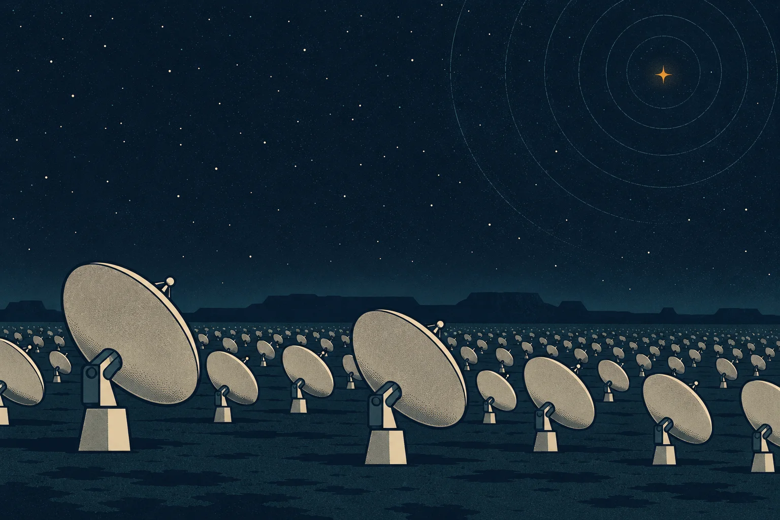 A retro poster of a night-time desert covered in rows of identical radio dishes, all tilted toward one faint star ringed by ripples