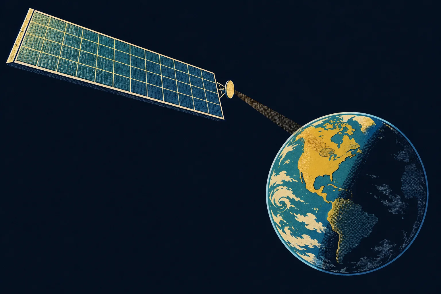 A retro poster of a flat rectangular solar array in orbit sending a faint beam to a small receiving field on a half-lit Earth