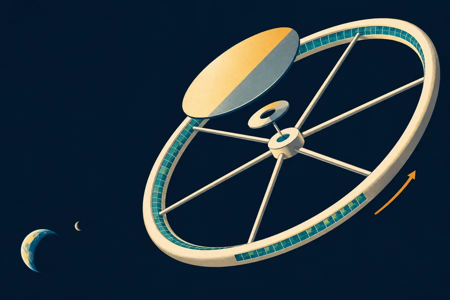 A retro poster of a thin spoked wheel in black space with a large tilted mirror above its hub, and a small crescent Earth and Moon far away