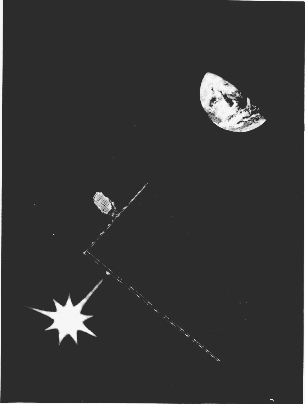 Artwork of a long flat solar array in space with a small antenna at one end, the Sun at lower left and a half-lit Earth at upper right